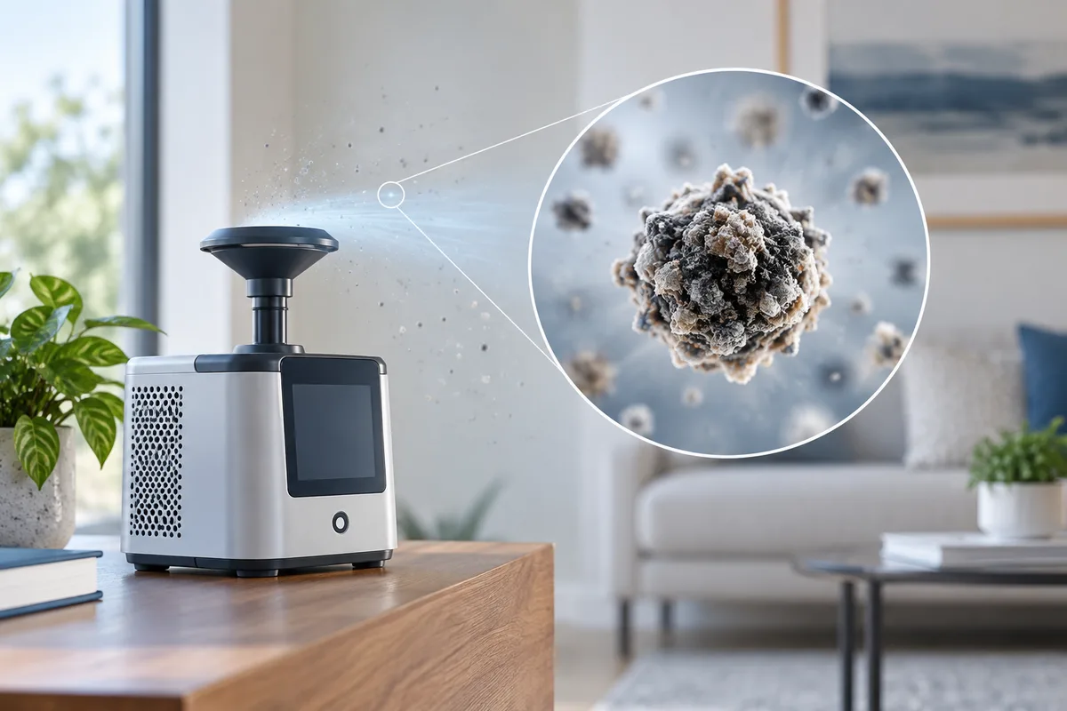 An enlarged airborne particle beside an indoor air-sampling instrument.