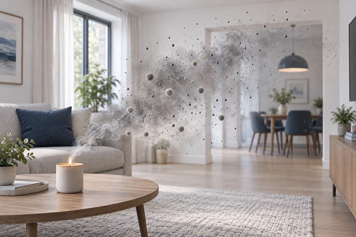 A conceptual cloud of particles spreading from a candle into a room.