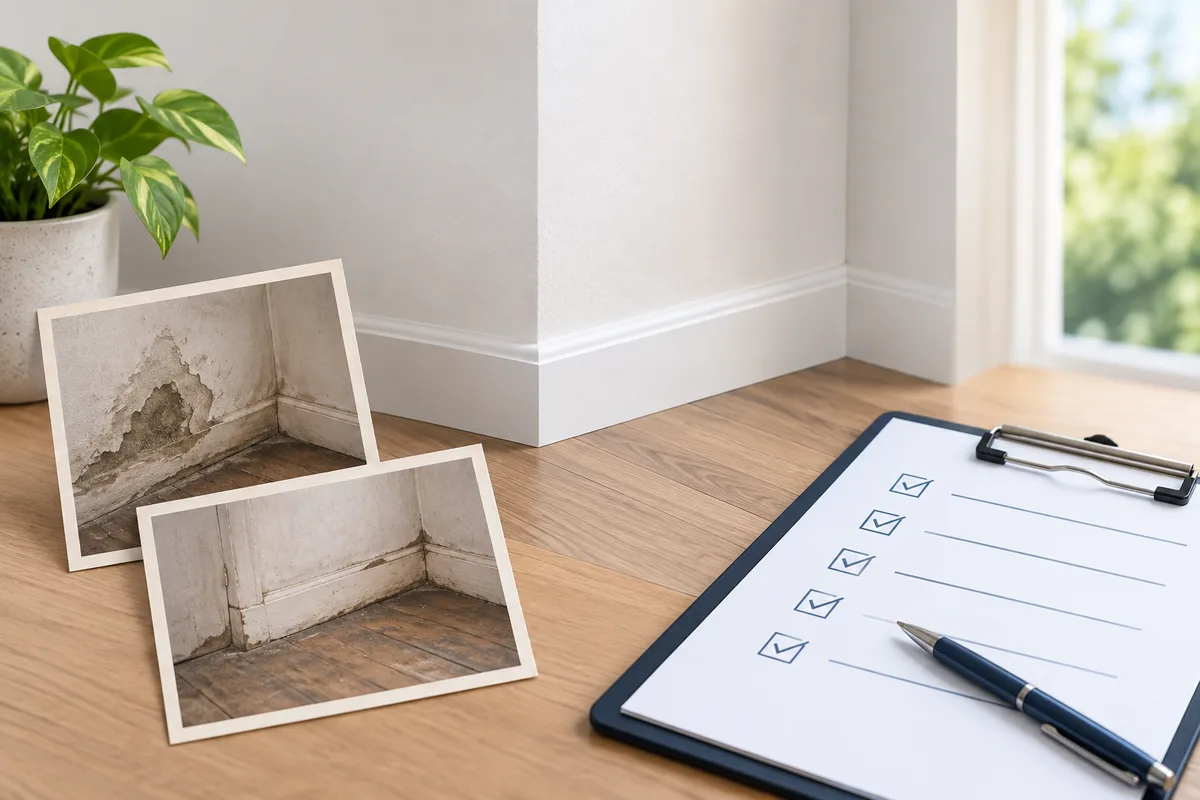 A repaired wall area beside condition photographs and a final inspection checklist.