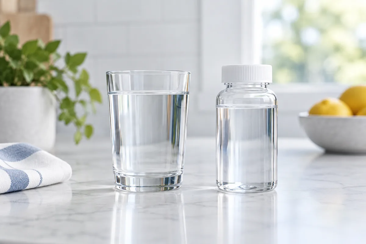 A drinking-water glass and a capped sample container on a countertop.