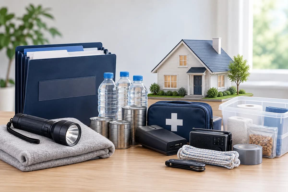 An emergency folder, flashlight, water and other household preparedness supplies.