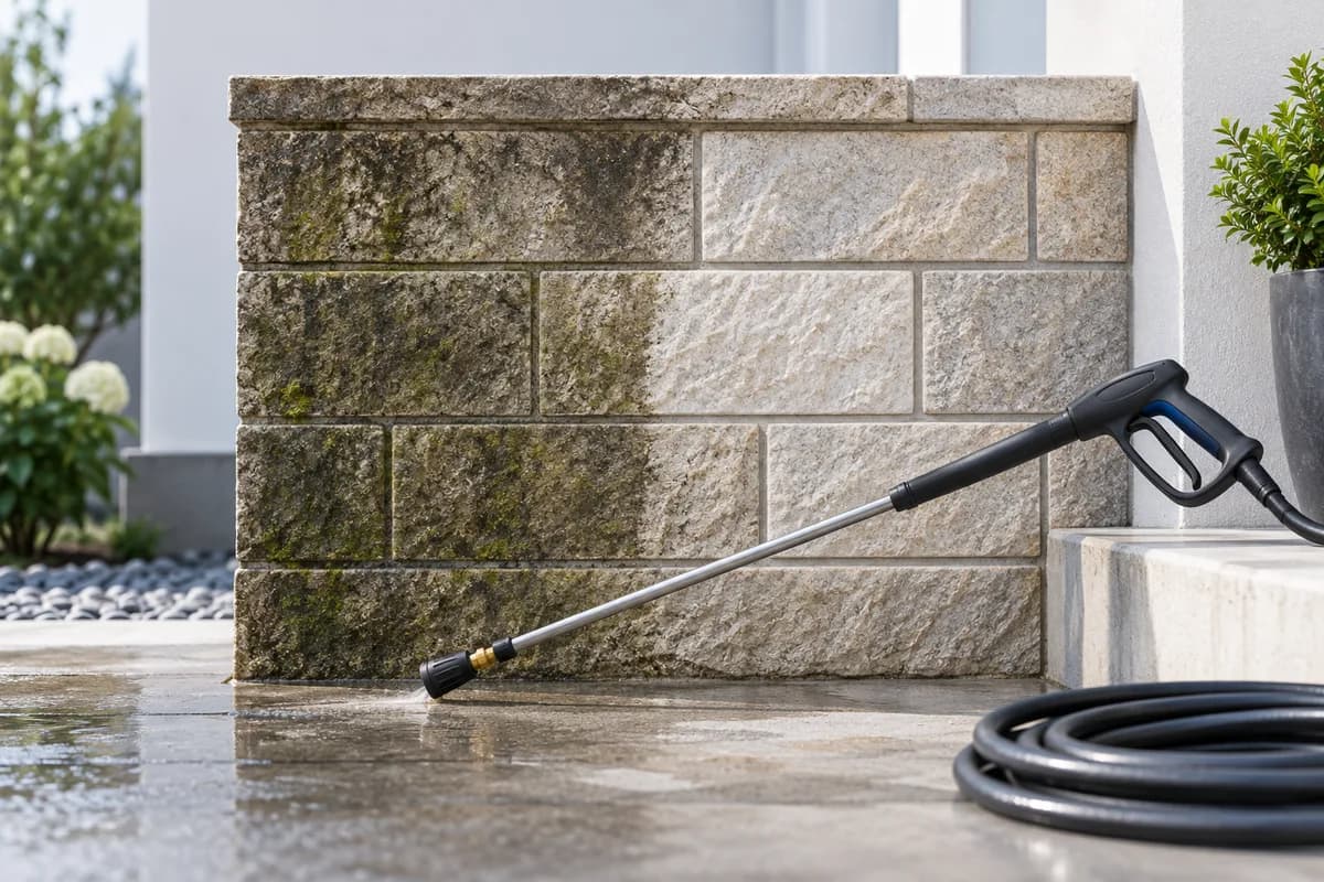 A pressure-washing lance beside a masonry panel with a cleaned section.