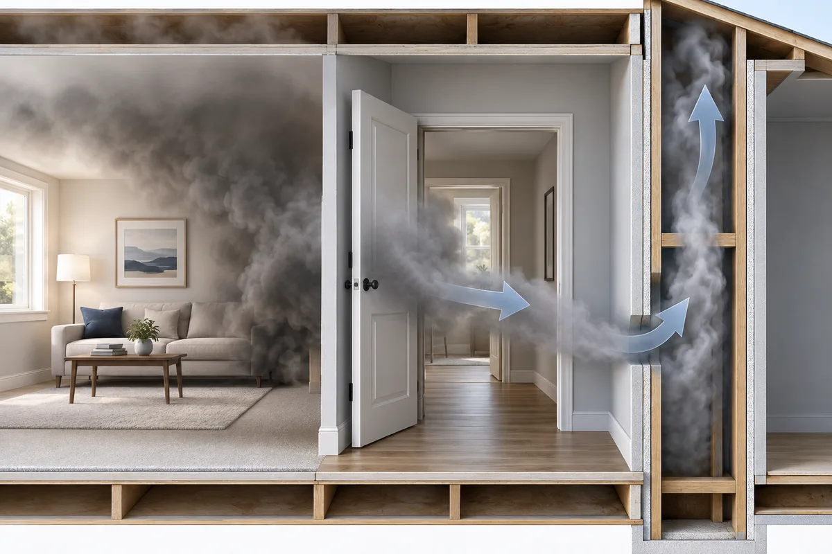 Smoke moving through a doorway and into a wall cavity in a building cutaway.