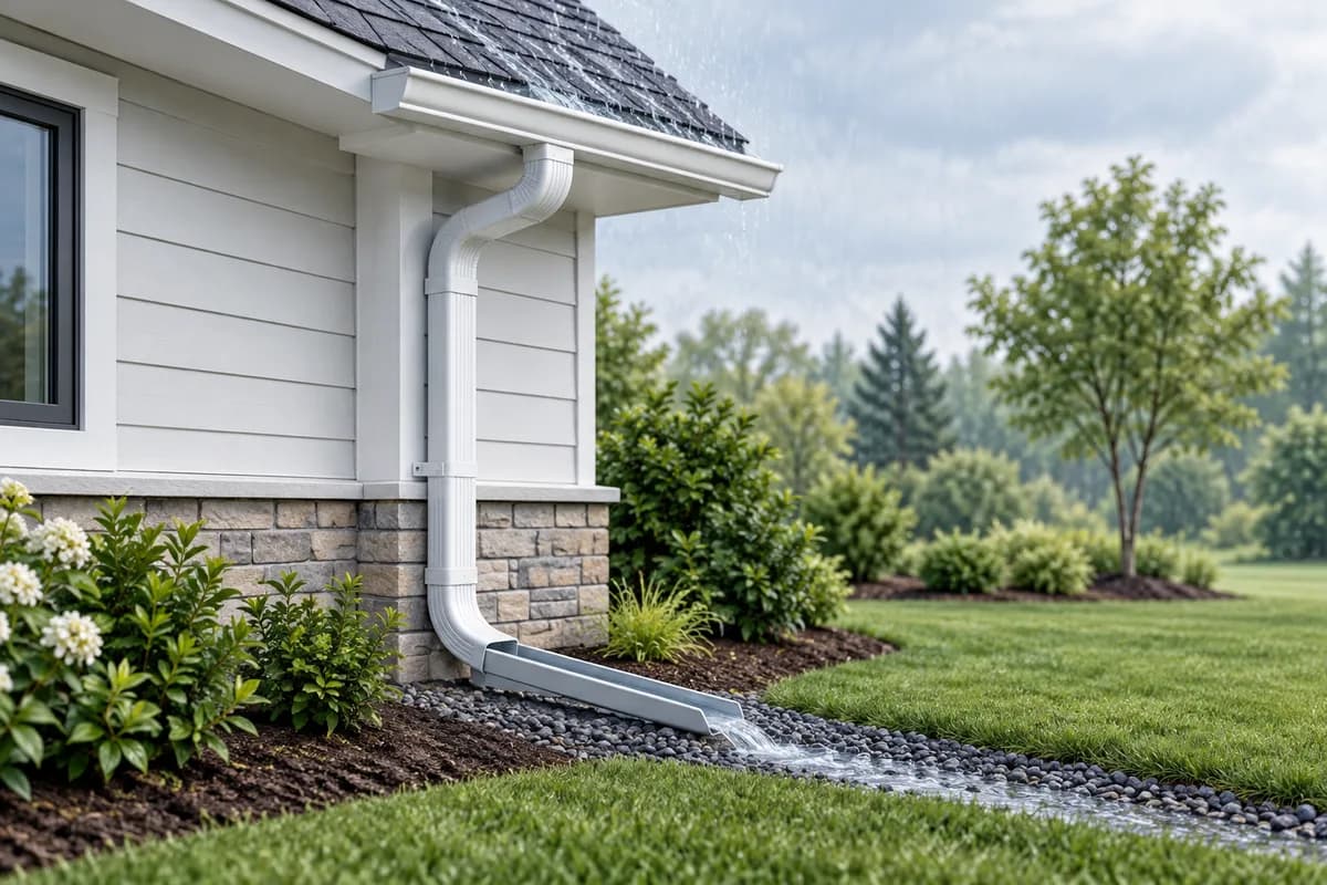 A gutter and downspout directing rainwater away from a house foundation.