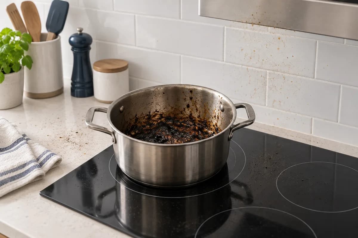Burned food residue in a cooking pot and deposits on nearby kitchen surfaces.