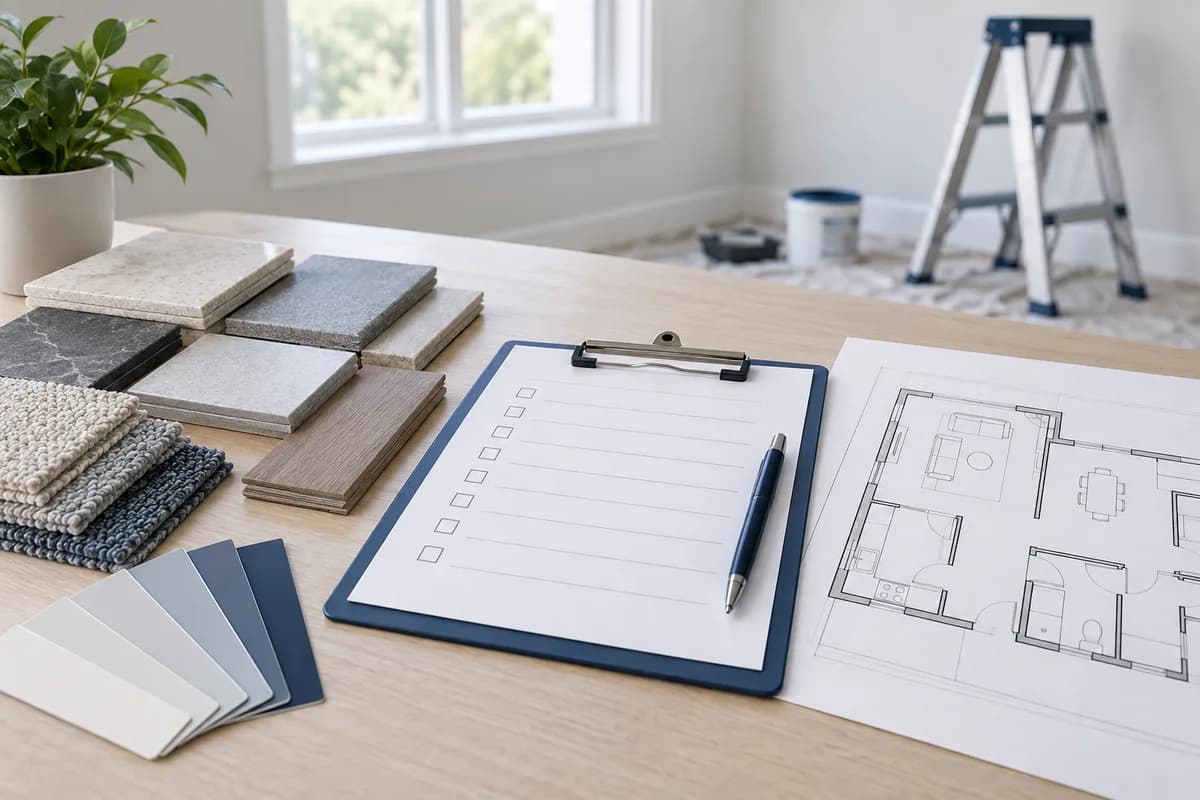 Material samples, a room plan and a checklist arranged for project planning.