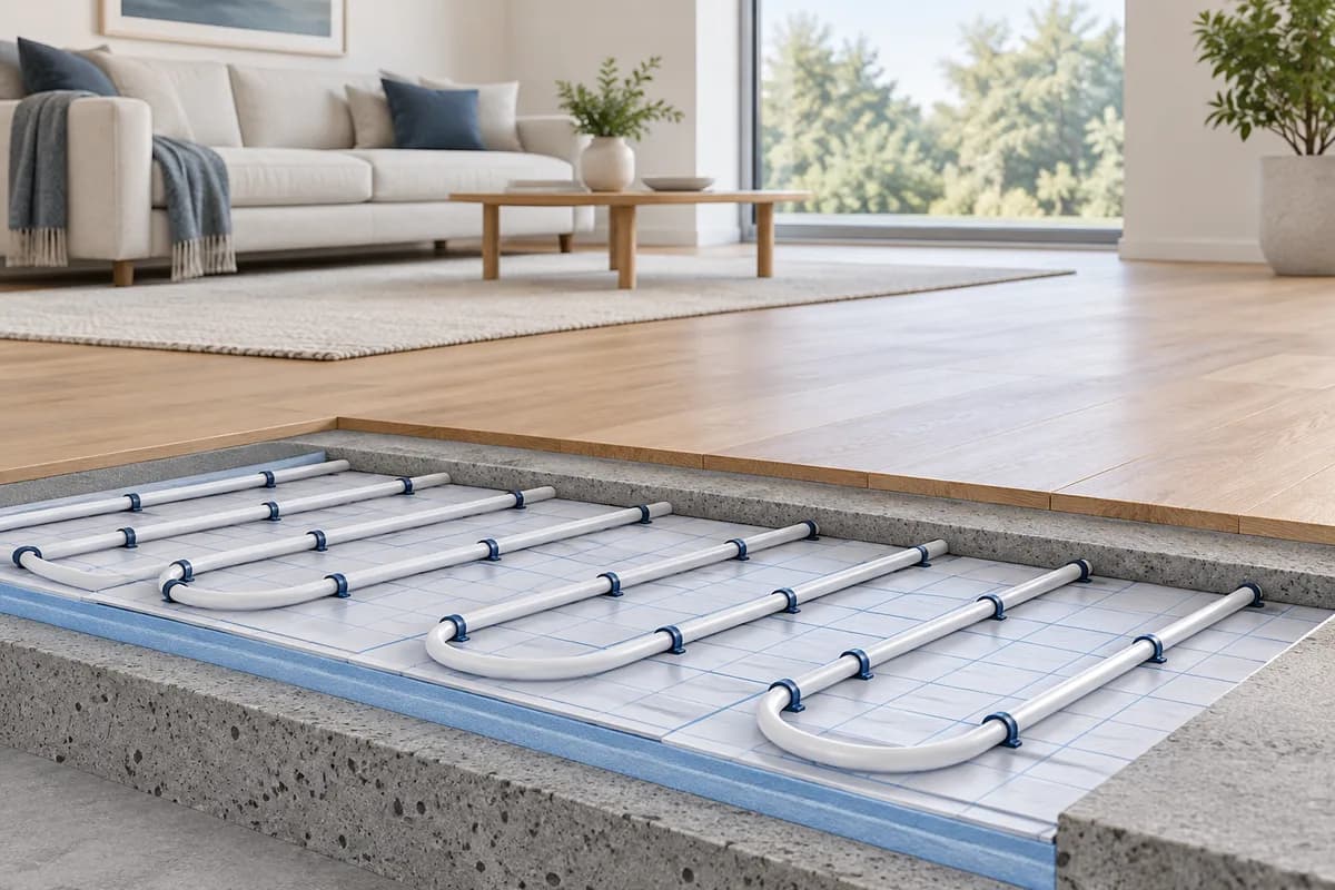 Radiant-heating tubing beneath a finished floor in a cutaway.
