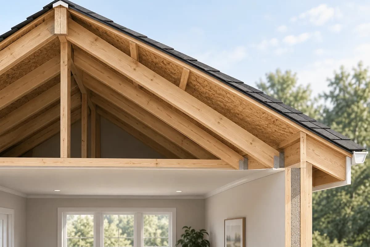Sloping wooden rafters beneath roof sheathing in a roof cutaway.