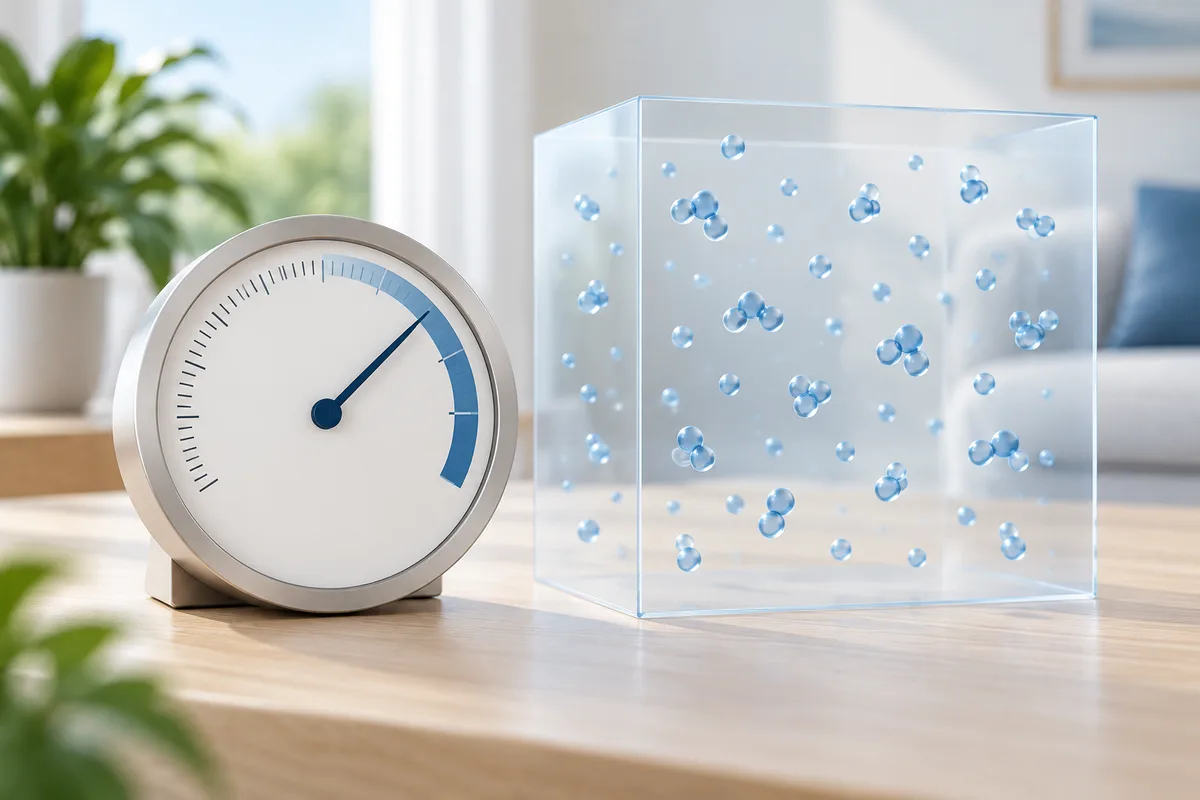 A humidity gauge beside a conceptual view of moisture in the air.