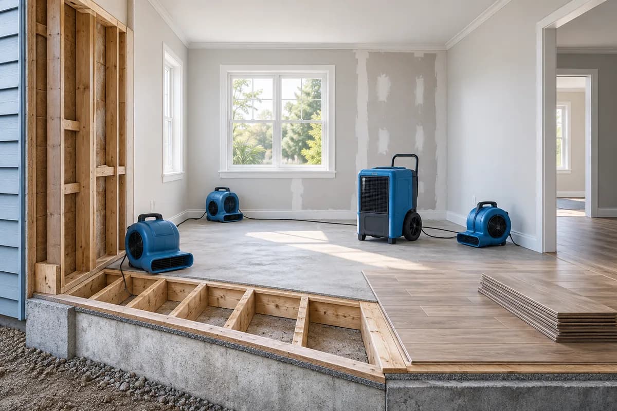 Drying equipment, wall repairs and flooring work within a room being restored.