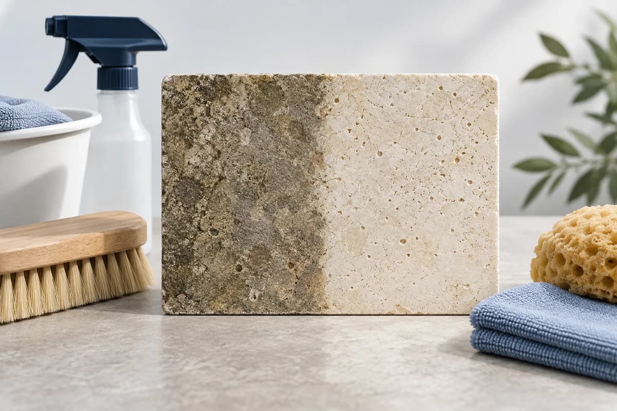 A partly cleaned material sample beside cleaning tools and untreated surface deposits.