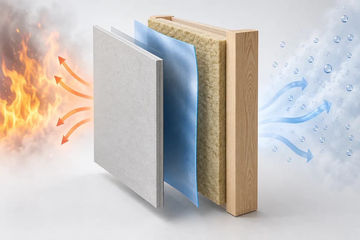 A protective layer within a wall assembly beside symbols of fire and moisture exposure.