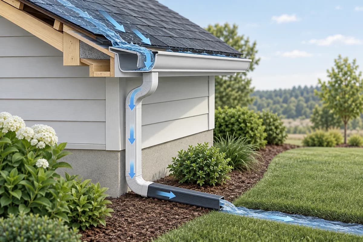 Rainwater traveling from a roof into a gutter and downspout.