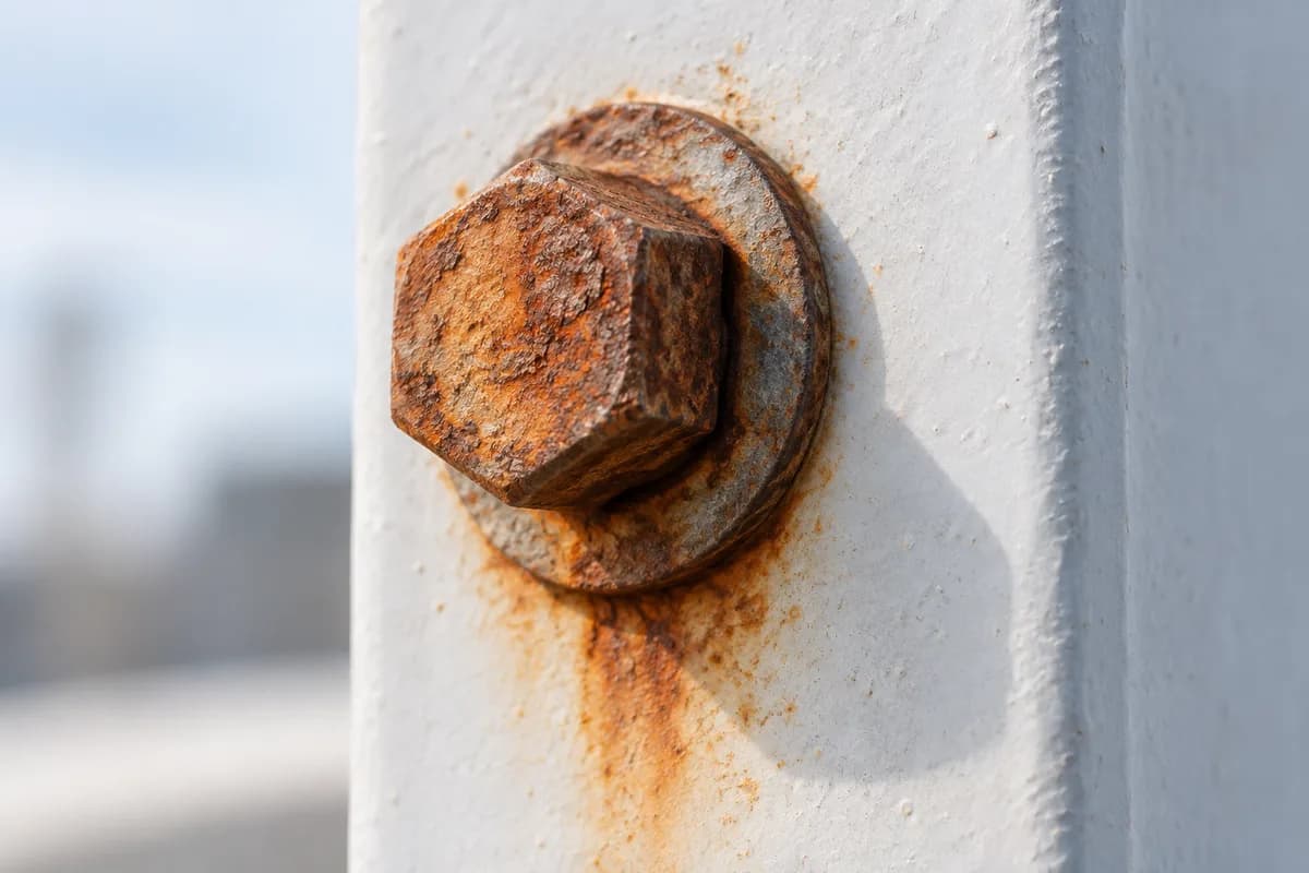 Orange-brown corrosion on a metal fastener and staining on the surrounding surface.