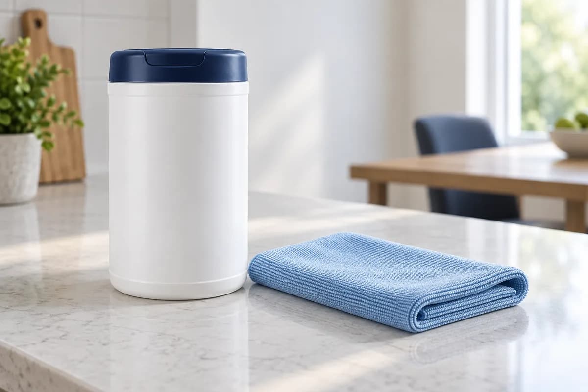 A closed sanitizing-product container and cloth on a washable surface.