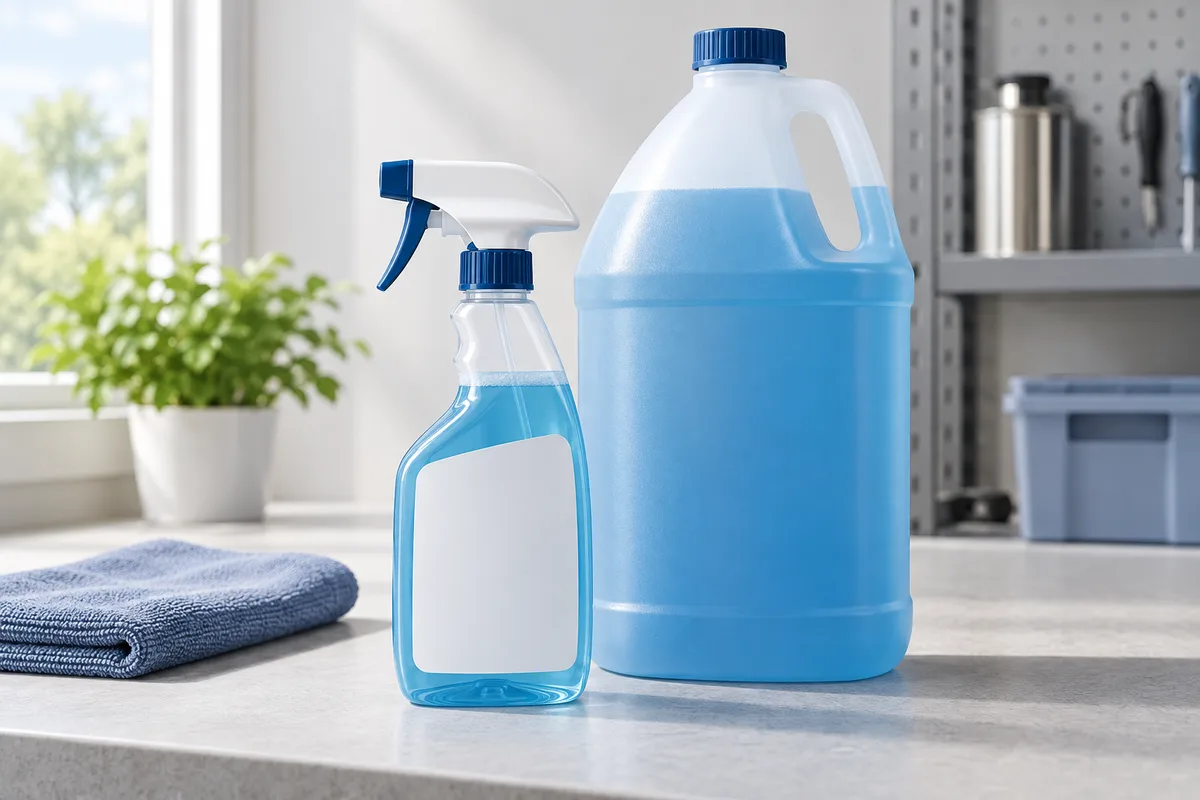 A working spray bottle beside a larger cleaning-product container.