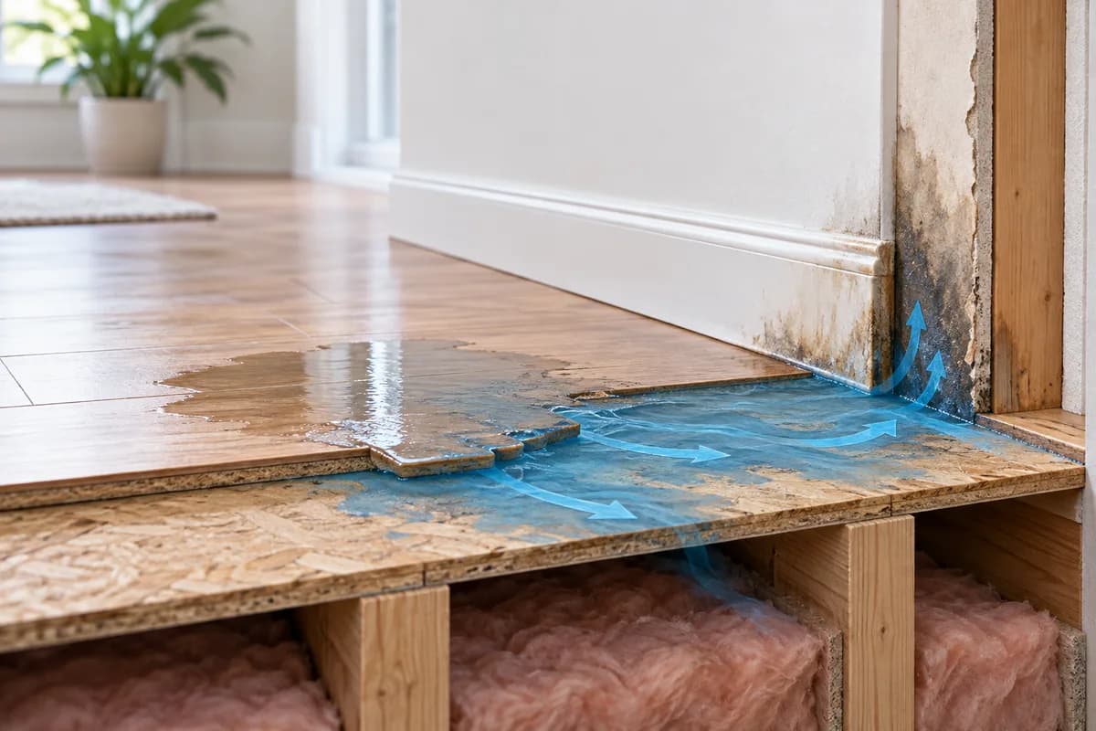 Moisture spreading from wet flooring into adjoining wall and trim materials.
