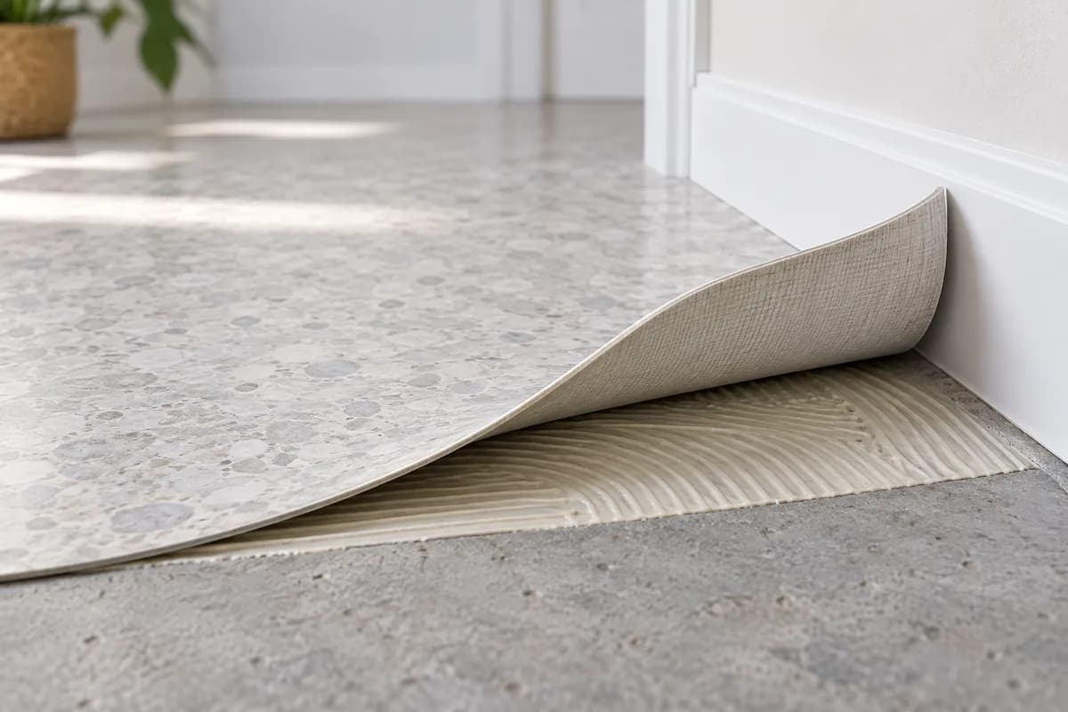 A lifted sheet-vinyl edge revealing adhesive and the supporting floor beneath.