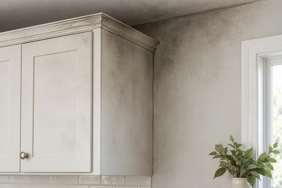 Dark smoke deposits on a cabinet and adjacent wall surfaces.