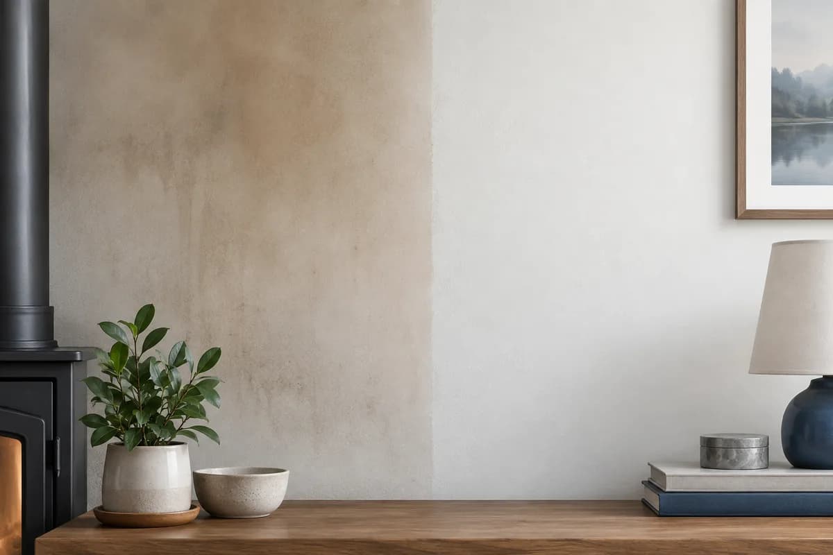 A smoke-discolored wall beside a cleaner section of the same surface.