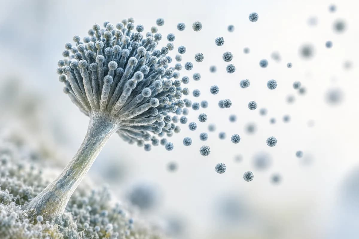 A magnified fungal structure releasing spores into the surrounding air.