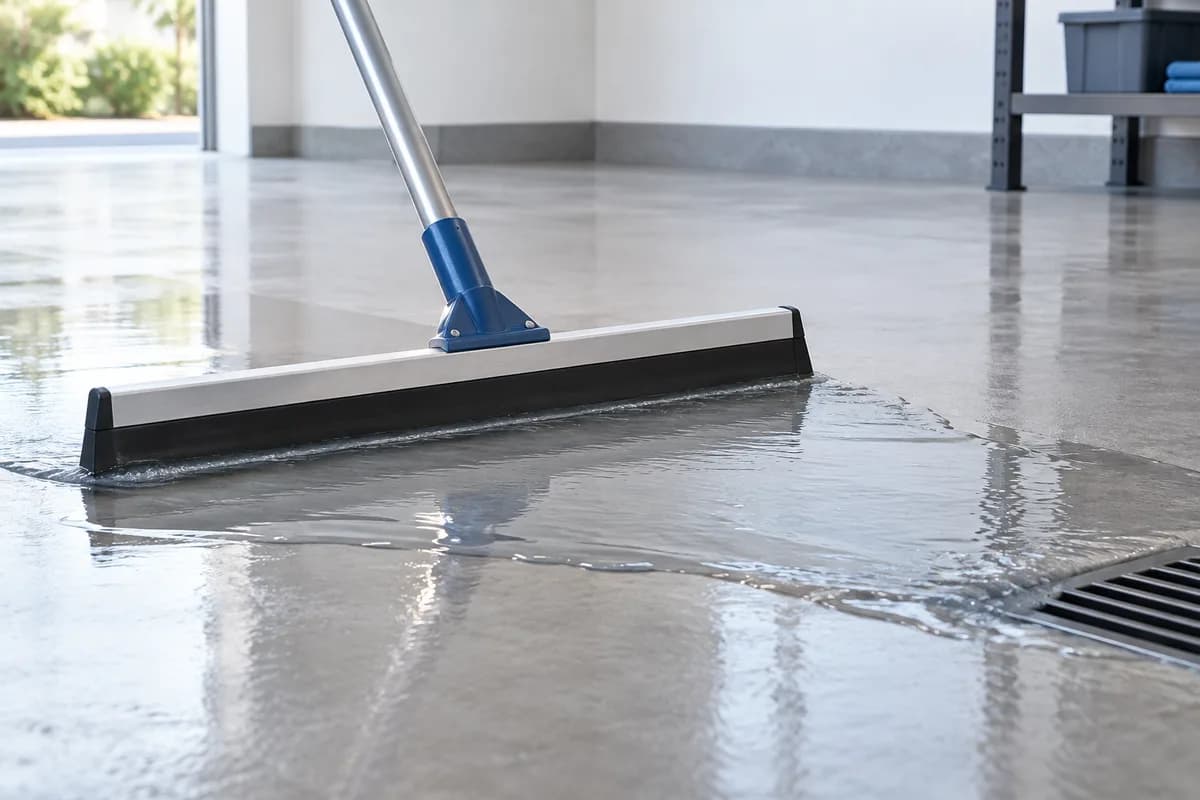 A floor squeegee directing shallow water toward a drain.