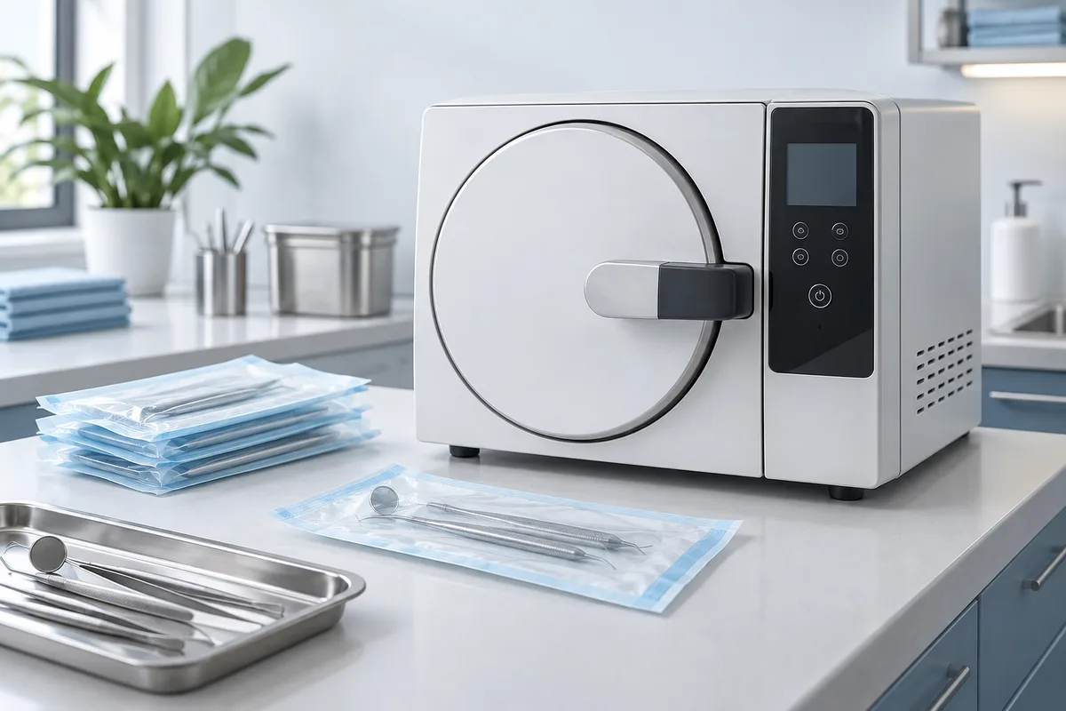 A tabletop sterilizing device beside instrument pouches and a metal tray.