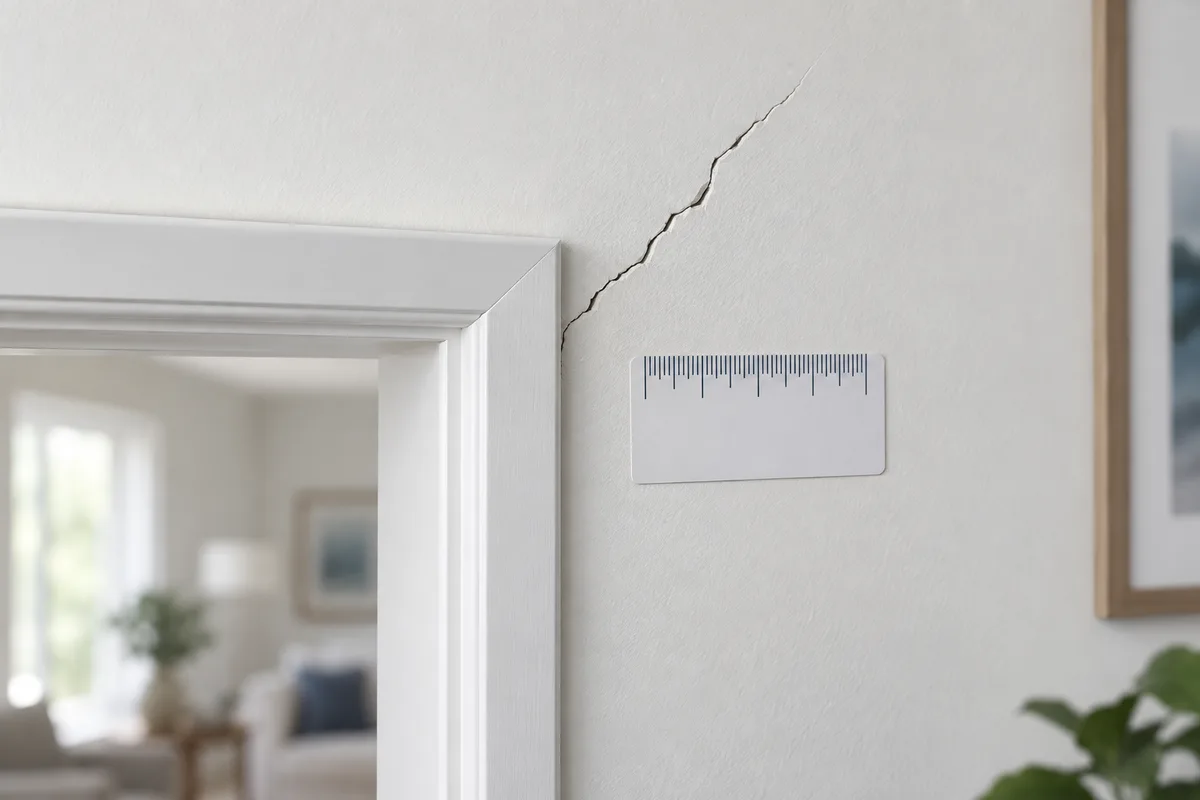 A diagonal wall crack near a doorway beside a measurement reference.