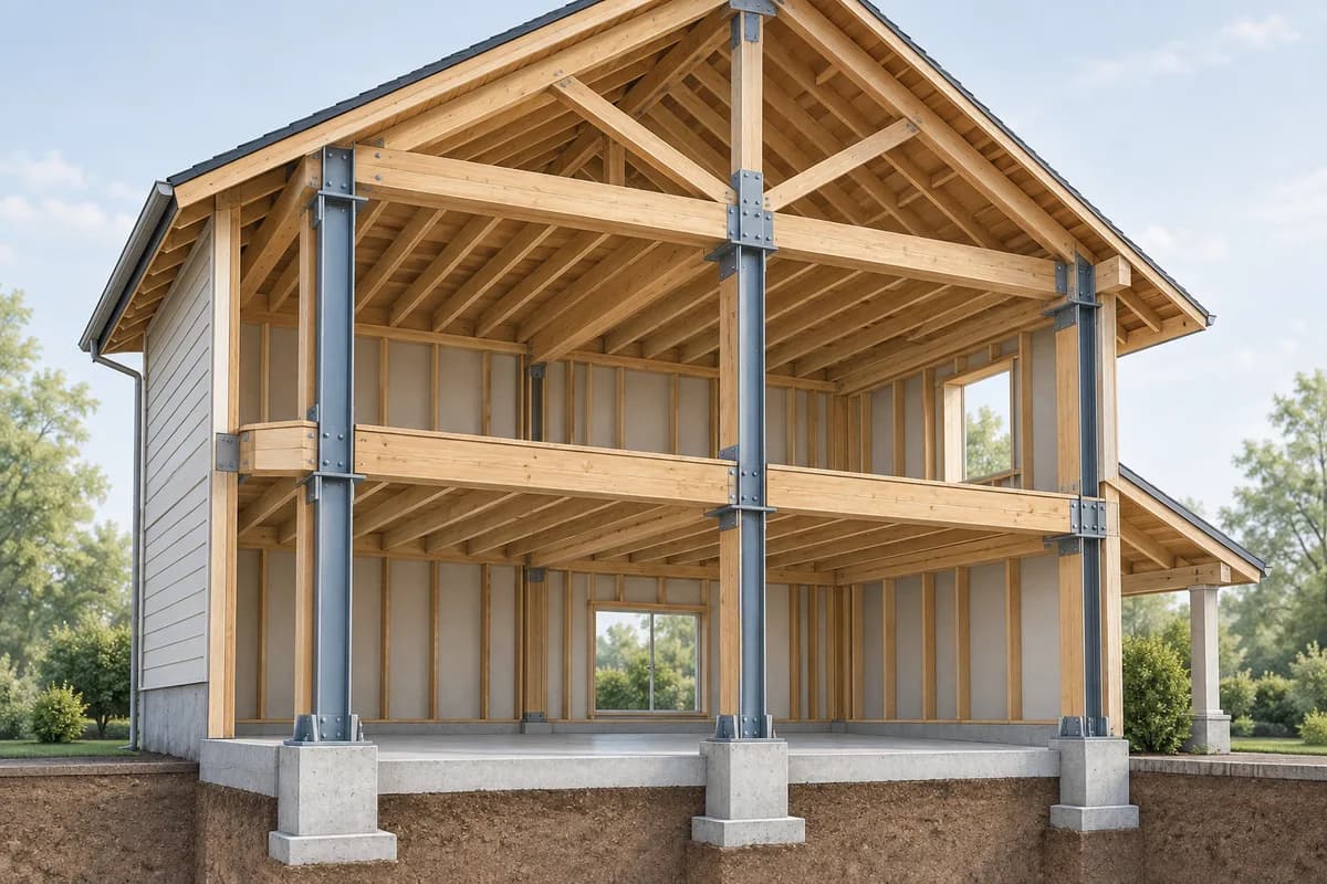 The connected posts, beams, floor framing and roof supports of a building.