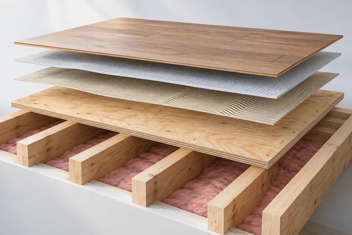 A wood subfloor beneath finish layers and above floor joists in an exploded view.