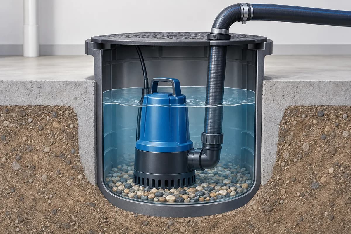 A submersible pump beneath the water level in a collection basin.