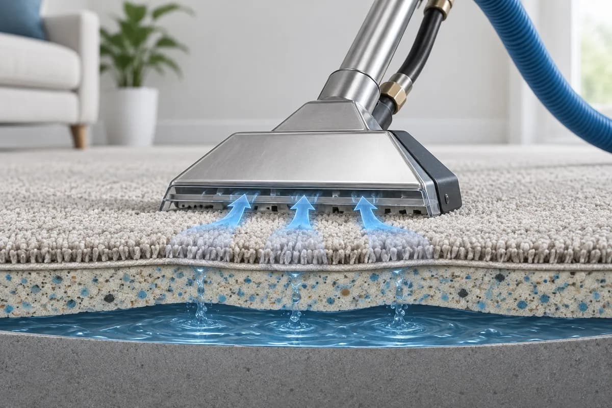 An extraction head drawing water upward through carpet and cushion.