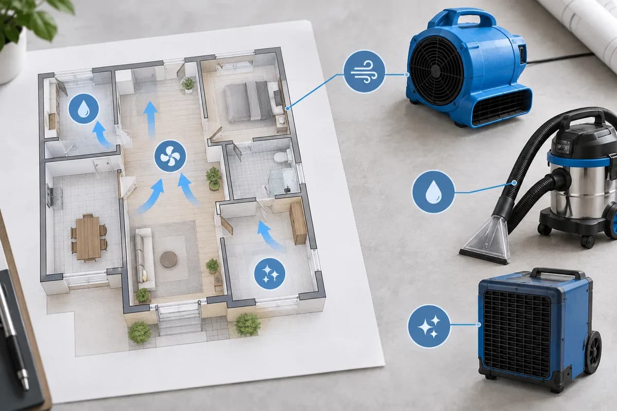 A floor plan paired with extraction, drying and air-filtration equipment for work planning.