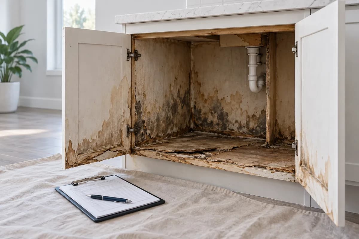 A severely damaged cabinet beside an assessment clipboard for reviewing repair and replacement options.
