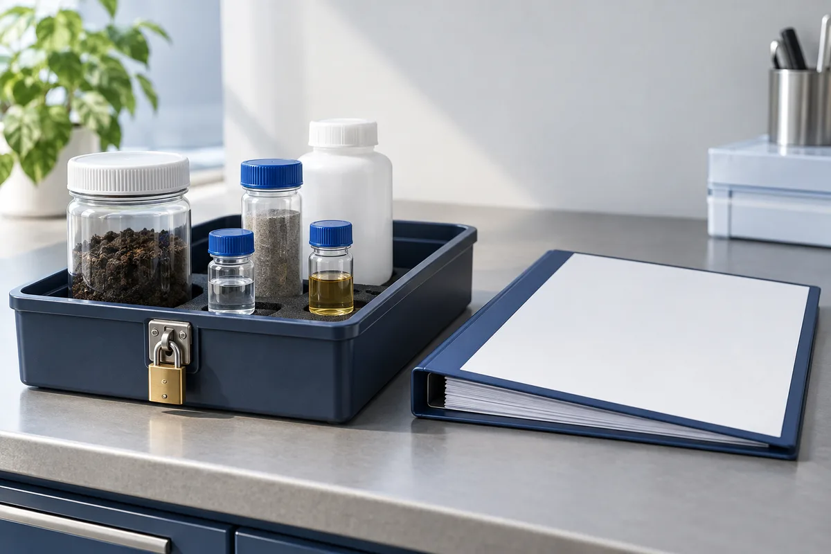 Closed sample containers and a reference binder arranged for hazardous-material assessment.