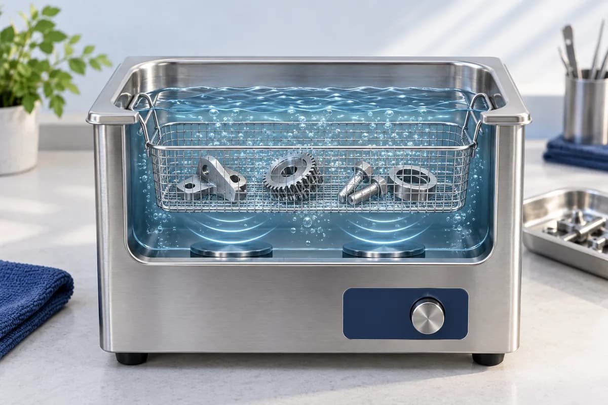 Small metal parts in an ultrasonic cleaning bath with conceptual wave patterns.