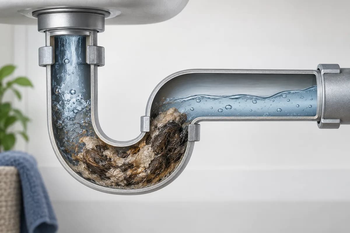 A plumbing cutaway revealing debris obstructing a drain trap.