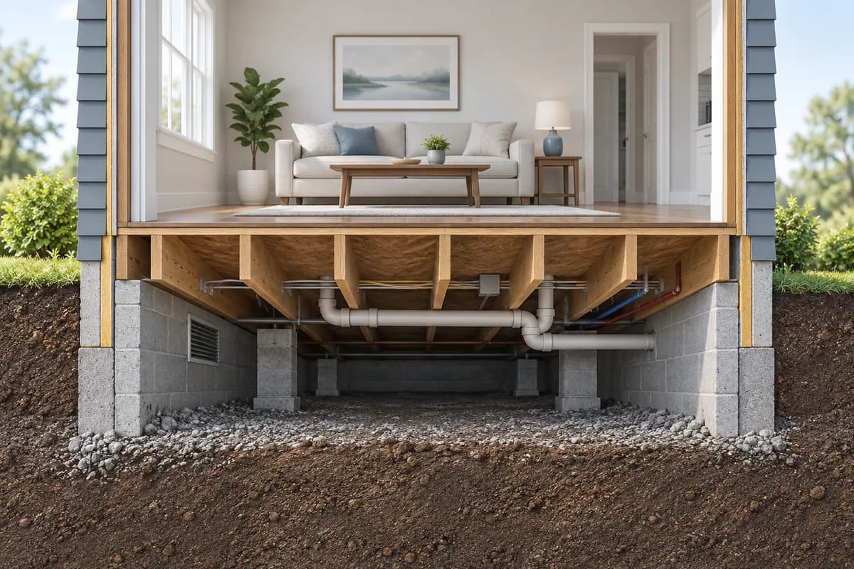 The crawl space beneath a house with floor framing and plumbing exposed.