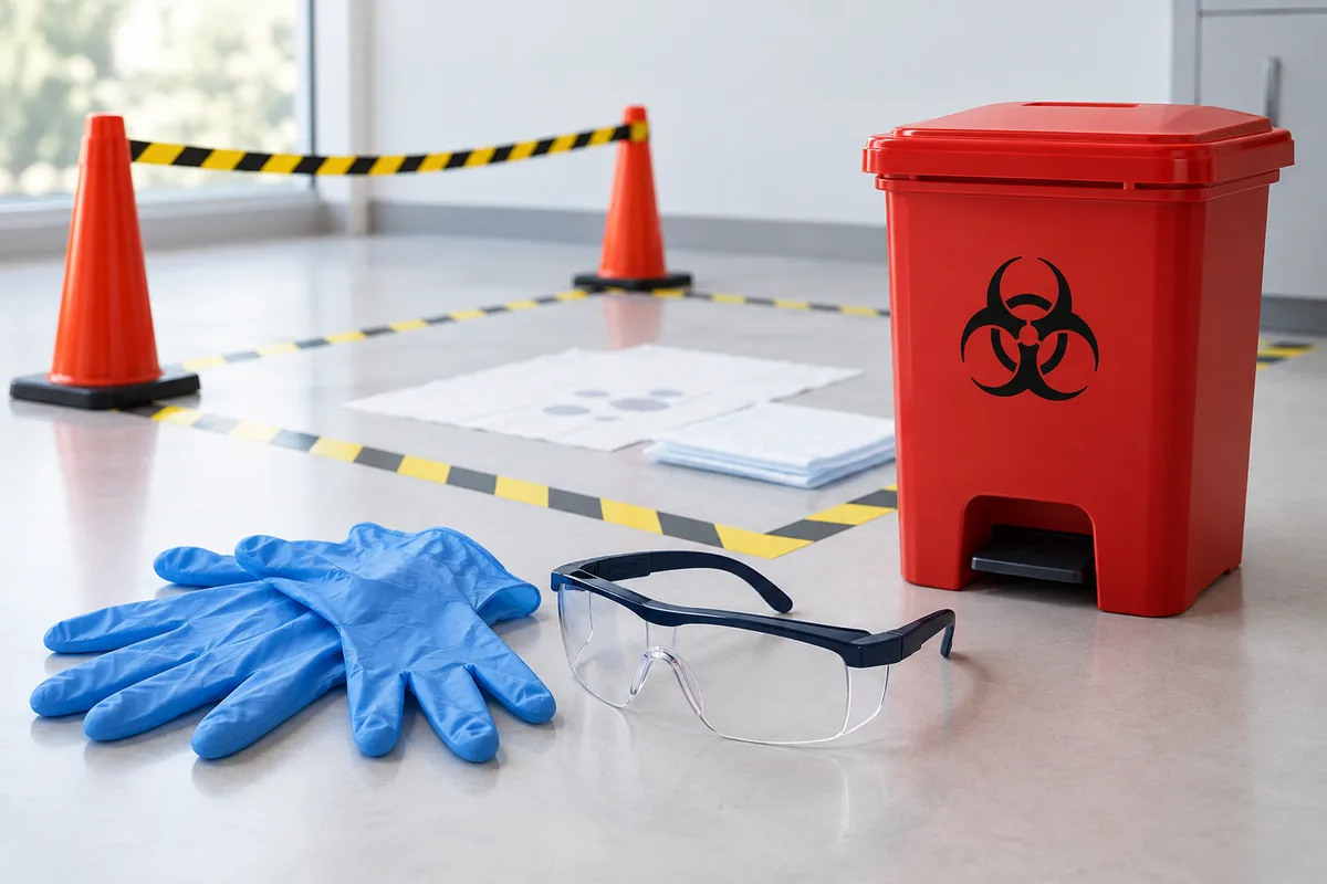 Gloves, eye protection and a closed waste container beside a controlled cleanup area.