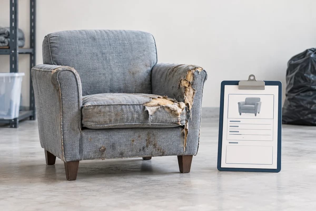 A badly damaged upholstered chair beside an inventory record for disposal assessment.