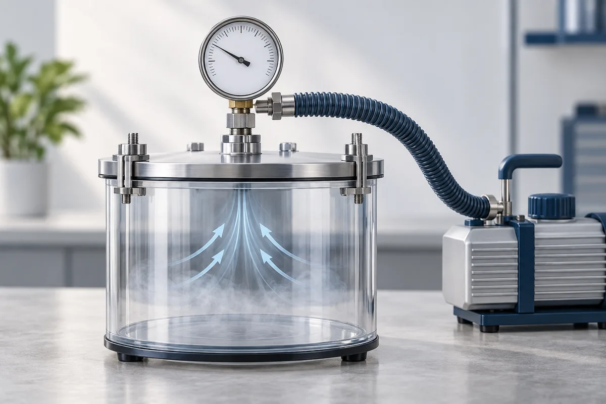 A sealed chamber, pressure gauge and pump illustrating reduced air pressure.