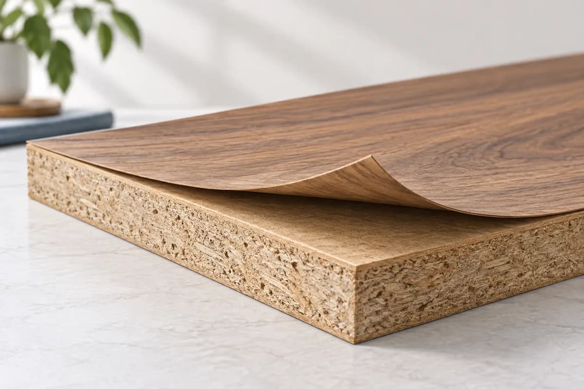 A thin wood veneer lifted from its supporting board to reveal the layers.