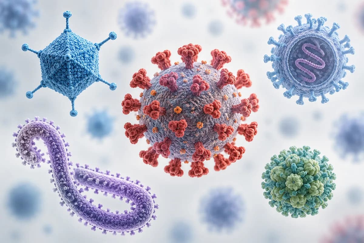 Stylized viral particles enlarged for a conceptual microscopic view.