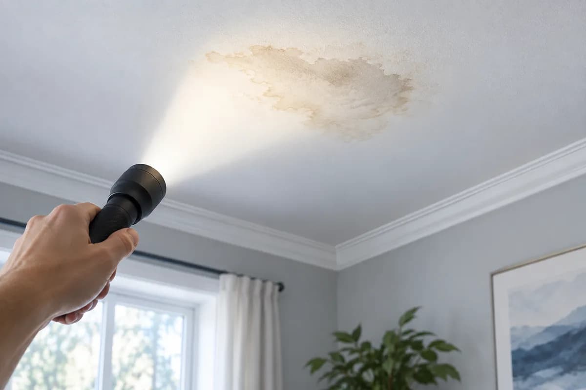 A flashlight illuminating a visible ceiling water stain.
