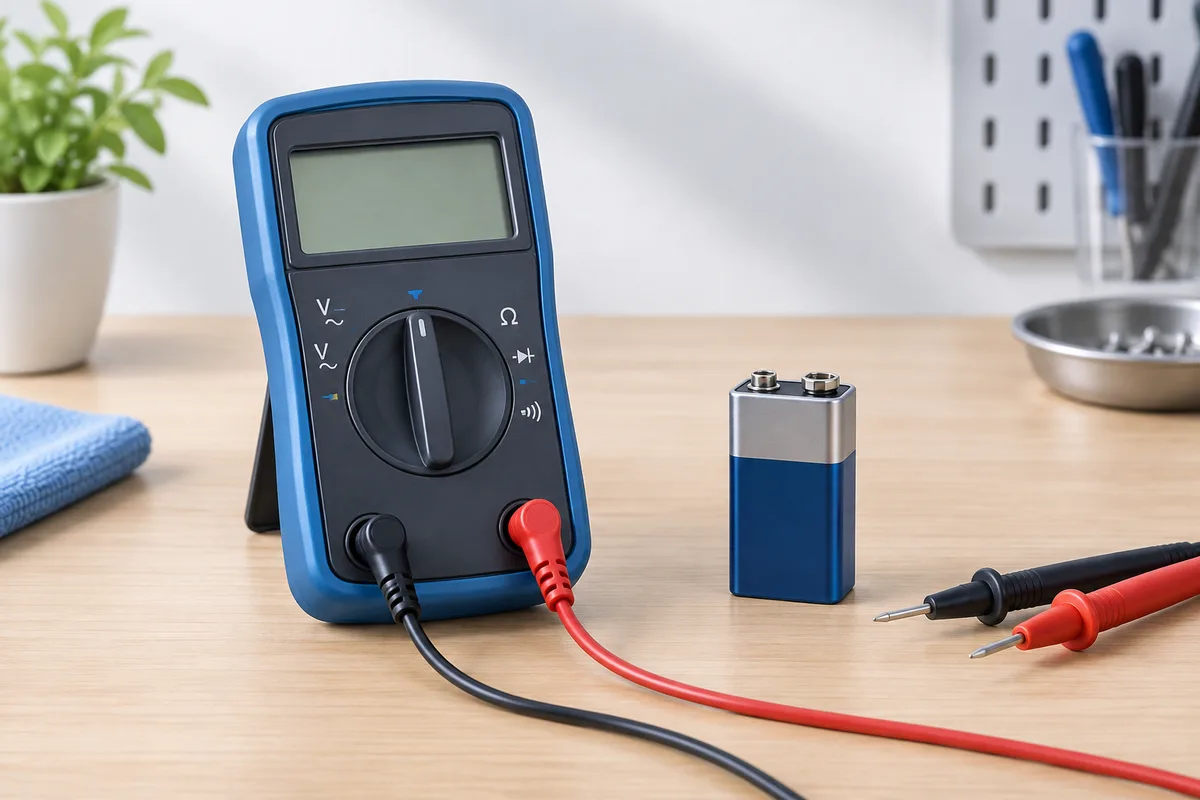 A digital multimeter and battery used to illustrate voltage measurement.