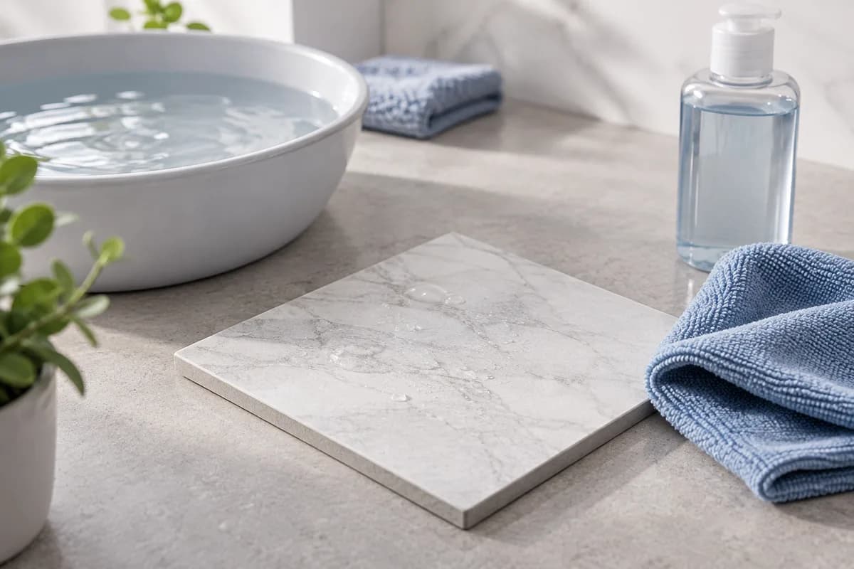 A washable tile sample beside water, a cloth and a cleaning-product container.