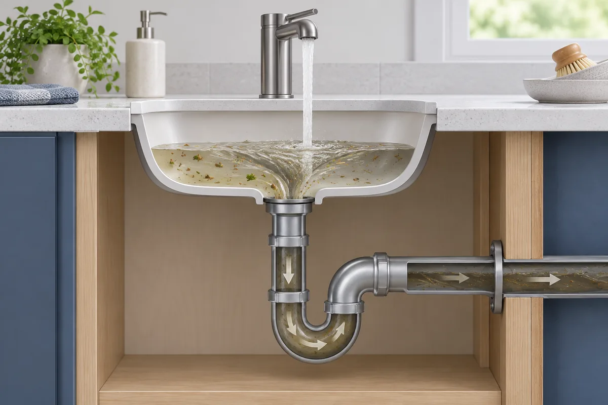 Used water flowing from a sink through its drain plumbing.