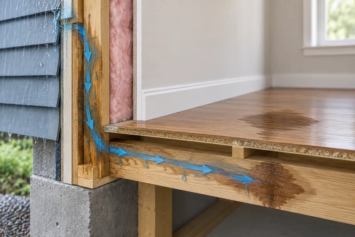 Water traveling through wall and floor framing away from an exterior entry point.
