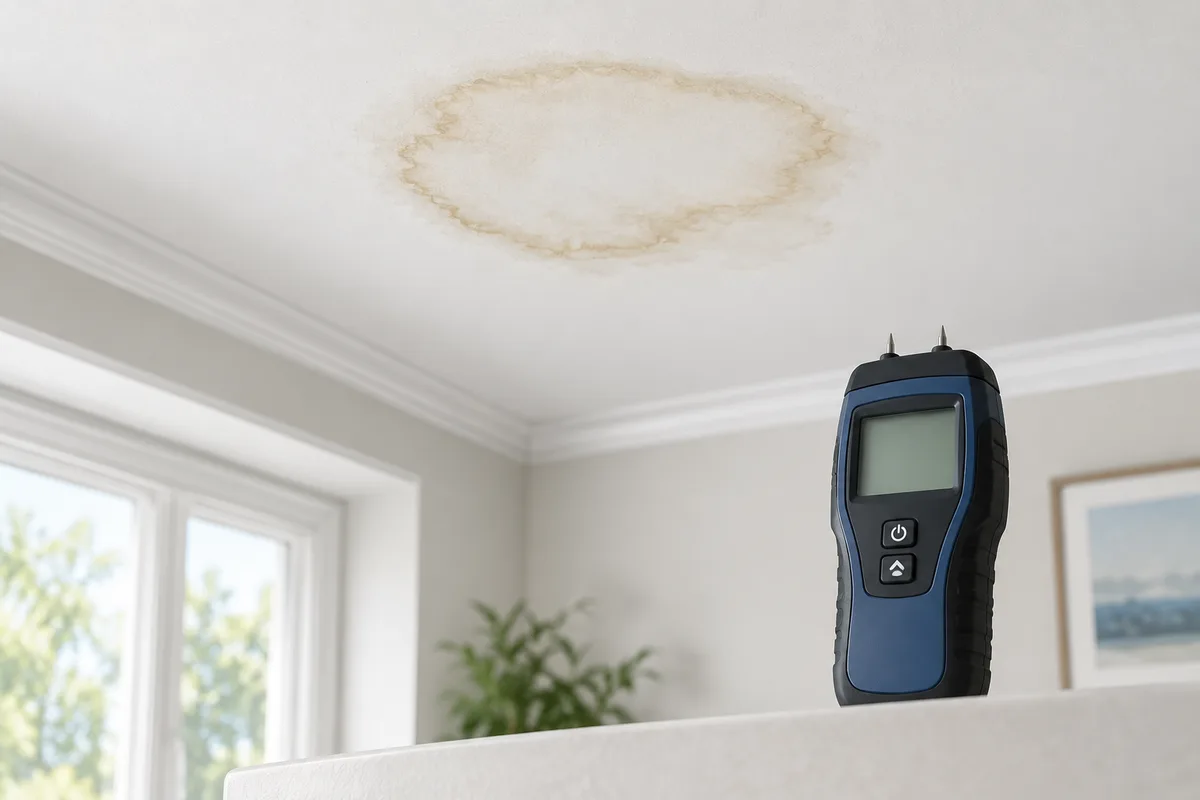 A dried water ring on a ceiling with a moisture meter nearby for assessment.