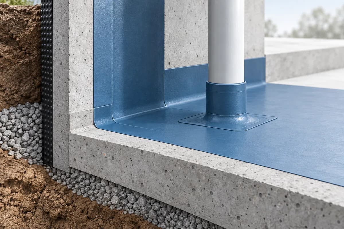A continuous waterproofing layer around a wall-floor joint and pipe penetration.
